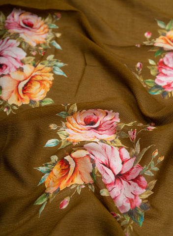 (Pre Cut -3. Meter) Chinnon Chiffon Golden Brown Color Rose Digital Print