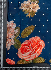 Pure Chinnon Chiffon Navy Blue Color Red Rose Print With Butti Embroidery Fabric