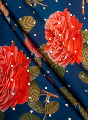 Pure Chinnon Chiffon Navy Blue Color Red Rose Print With Butti Embroidery Fabric