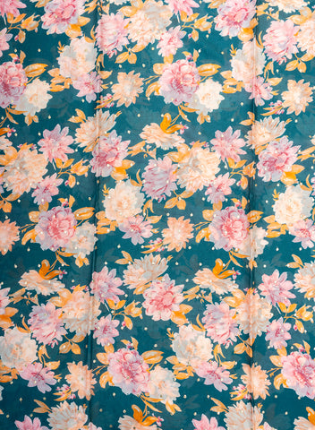 (Pre Cut 1-Meter) Pure Chinnon Chiffon Cerulean Blue Color Floral Print With Butti Embroidery Fabric.