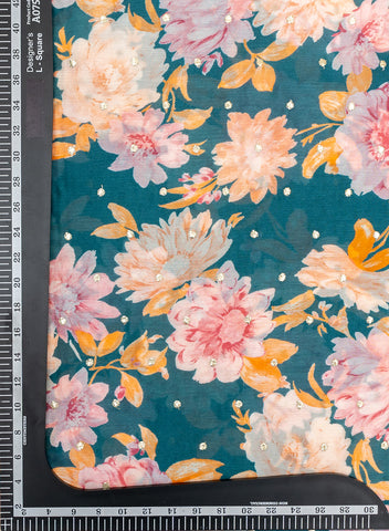(Pre Cut 1-Meter) Pure Chinnon Chiffon Cerulean Blue Color Floral Print With Butti Embroidery Fabric.