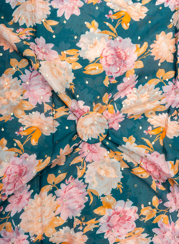 (Pre Cut 1-Meter) Pure Chinnon Chiffon Cerulean Blue Color Floral Print With Butti Embroidery Fabric.