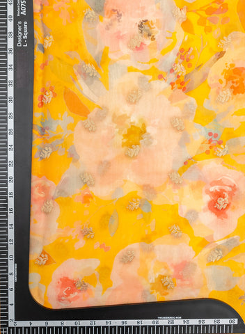 (Pre Cut-1.25 Meter) Pure Organza Amber Yellow Color Floral Digital Print With Jacquard Work Fabric