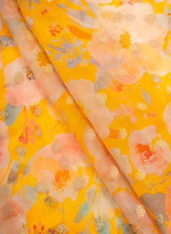 (Pre Cut-1.25 Meter) Pure Organza Amber Yellow Color Floral Digital Print With Jacquard Work Fabric