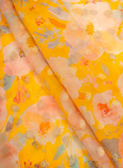 Pure Organza Amber Yellow Color Floral Digital Print With Jacquard Work Fabric