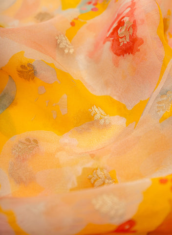 (Pre Cut-1.25 Meter) Pure Organza Amber Yellow Color Floral Digital Print With Jacquard Work Fabric