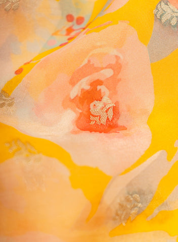(Pre Cut-1.25 Meter) Pure Organza Amber Yellow Color Floral Digital Print With Jacquard Work Fabric