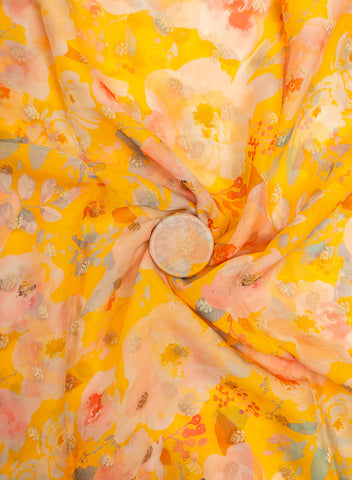 (Pre Cut-1.25 Meter) Pure Organza Amber Yellow Color Floral Digital Print With Jacquard Work Fabric