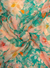 Pure Organza Sea Green Color Floral Digital Print With Jacquard Work Fabric