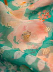 Pure Organza Sea Green Color Floral Digital Print With Jacquard Work Fabric