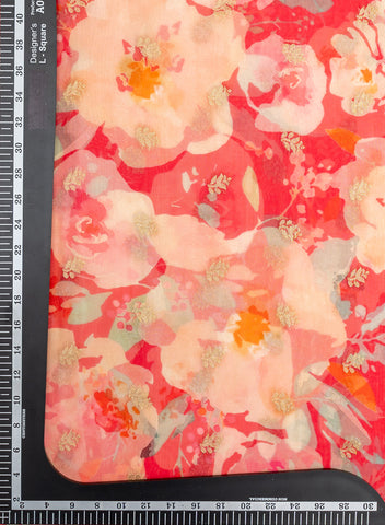 (Pre Cut 1-Meter) Pure Organza Hot Pink Color Floral Digital Print With Jacquard Work Fabric
