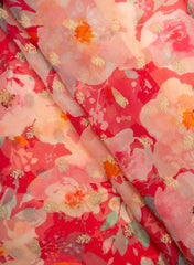 Pure Organza Hot Pink Color Floral Digital Print With Jacquard Work Fabric