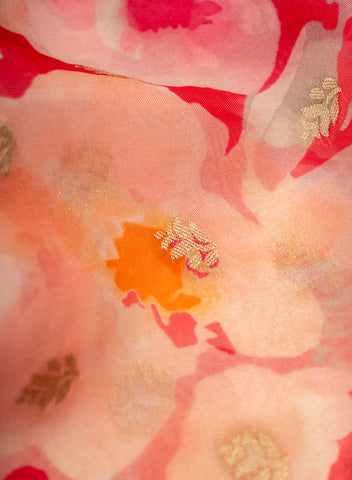 (Pre Cut 1-Meter) Pure Organza Hot Pink Color Floral Digital Print With Jacquard Work Fabric