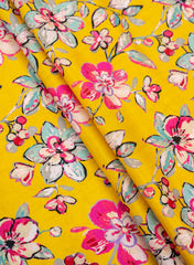 Premium Santoon Amber Yellow Color Floral Pattern Screen Print Fabric.