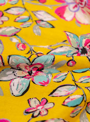 Premium Santoon Amber Yellow Color Floral Pattern Screen Print Fabric.