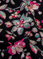 Premium Santoon Black Color Floral Pattern Screen Print Fabric.