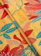 Linen Golden Yellow Color Floral Digital print fabric.