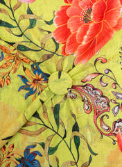 Linen Neon Green Floral Digital print fabric.