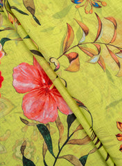 Linen Neon Green Floral Digital print fabric.