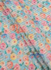 Chanderi Kotta Silk Turquoise Blue Color Floral Digital Print With Sequins Embroidery Fabric.