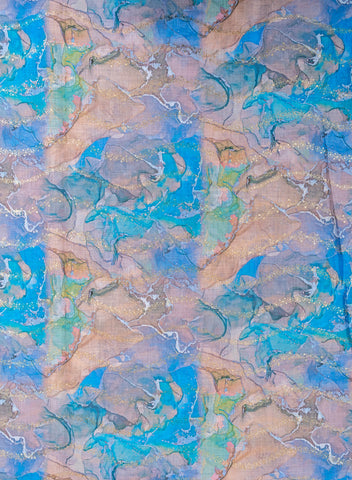 (Pre Cut -1 Meter) Art Linen Shades Of Blue Color Digital Print With Sequins And Zari embroidery fabric.