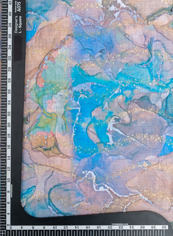 (Pre Cut -1 Meter) Art Linen Shades Of Blue Color Digital Print With Sequins And Zari embroidery fabric.