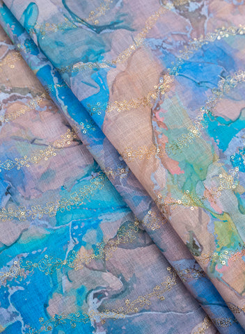 (Pre Cut -1 Meter) Art Linen Shades Of Blue Color Digital Print With Sequins And Zari embroidery fabric.