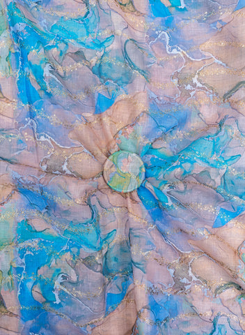 (Pre Cut -1 Meter) Art Linen Shades Of Blue Color Digital Print With Sequins And Zari embroidery fabric.