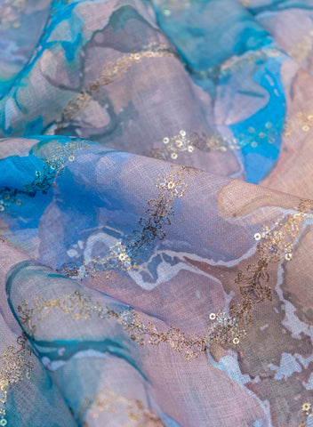 (Pre Cut -1 Meter) Art Linen Shades Of Blue Color Digital Print With Sequins And Zari embroidery fabric.