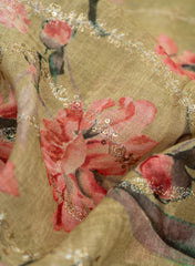 (Art Linen) Linen Lime Green Color Digital Print With Sequins And Zari embroidery fabric.