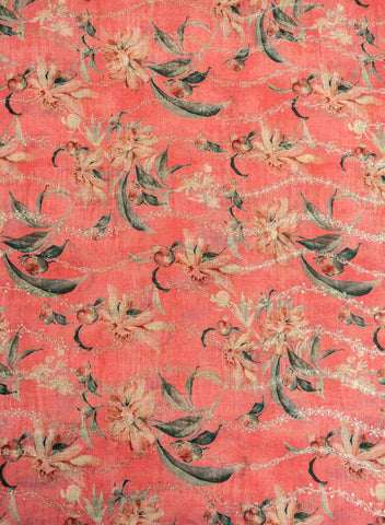 (Pre Cut-1 Meter ) Linen Salmon Pink Color Digital Print With Sequins And Zari embroidery fabric.