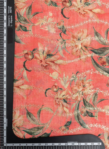 (Pre Cut-1 Meter ) Linen Salmon Pink Color Digital Print With Sequins And Zari embroidery fabric.