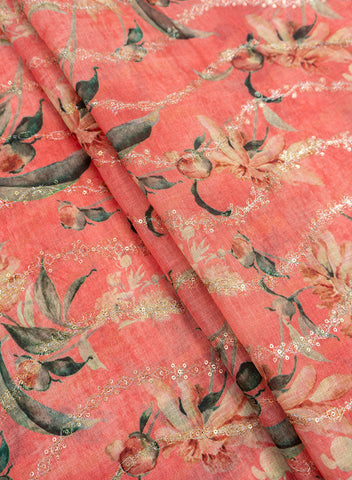(Pre Cut-1 Meter ) Linen Salmon Pink Color Digital Print With Sequins And Zari embroidery fabric.