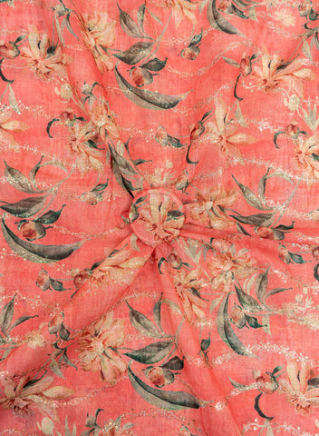 (Pre Cut-1 Meter ) Linen Salmon Pink Color Digital Print With Sequins And Zari embroidery fabric.