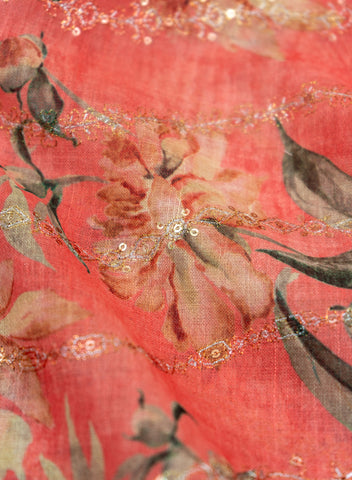 (Pre Cut-1 Meter ) Linen Salmon Pink Color Digital Print With Sequins And Zari embroidery fabric.