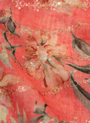 (Art Linen) Linen Salmon Pink Color Digital Print With Sequins And Zari embroidery fabric.