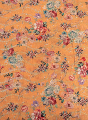 (Art Linen) Linen Tangerine Orange Color Digital Print With Sequins And Zari embroidery fabric.