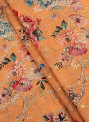 (Art Linen) Linen Tangerine Orange Color Digital Print With Sequins And Zari embroidery fabric.