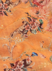 (Art Linen) Linen Tangerine Orange Color Digital Print With Sequins And Zari embroidery fabric.