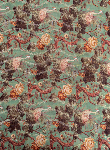 (Per Cut-4 Meter)  Linen Emerald Green Color Digital Print With Sequins And Zari embroidery fabric.