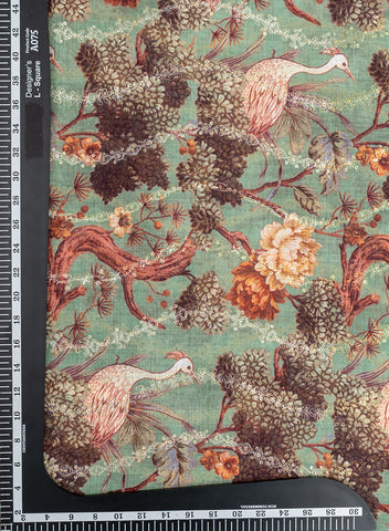 (Per Cut-4 Meter)  Linen Emerald Green Color Digital Print With Sequins And Zari embroidery fabric.