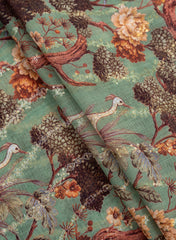 (Art Linen) Linen Emerald Green Color Digital Print With Sequins And Zari embroidery fabric.