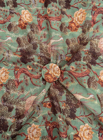 (Per Cut-4 Meter)  Linen Emerald Green Color Digital Print With Sequins And Zari embroidery fabric.