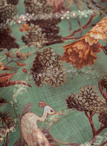 (Per Cut-4 Meter)  Linen Emerald Green Color Digital Print With Sequins And Zari embroidery fabric.