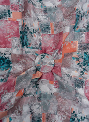 Satin Multi Color Geometrical Pattern With Floral Digital Print Fabric.