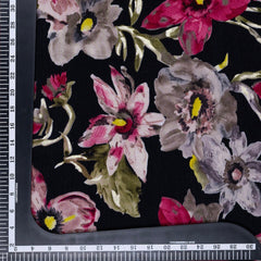 Black Floral  Pattern Screen  Print Modal Chanderi Fabric With Foil