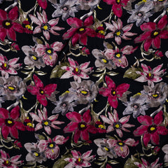 Black Floral  Pattern Screen  Print Modal Chanderi Fabric With Foil