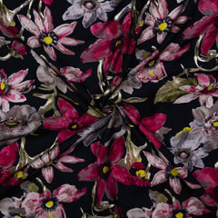 Black Floral  Pattern Screen  Print Modal Chanderi Fabric With Foil