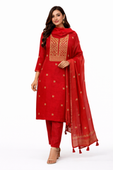 Festive Red Mul Chanderi Dress Material with Intricate Zari Work