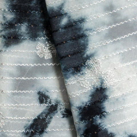 (Pre cut-2.5Meter) White Tie And Dye Embroidery Sequence Touch Pure Organza